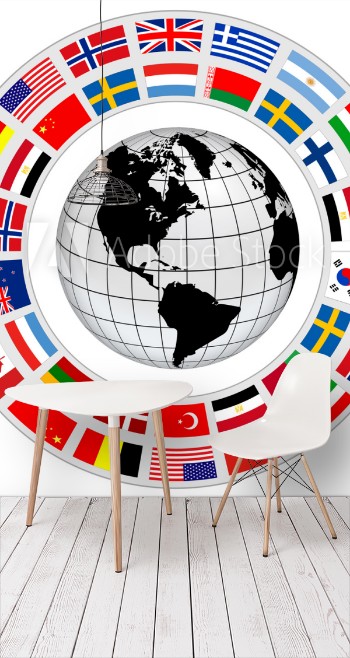 Picture of Earth globe 3D icon with a ring of flags around as international cooperation vector symbol